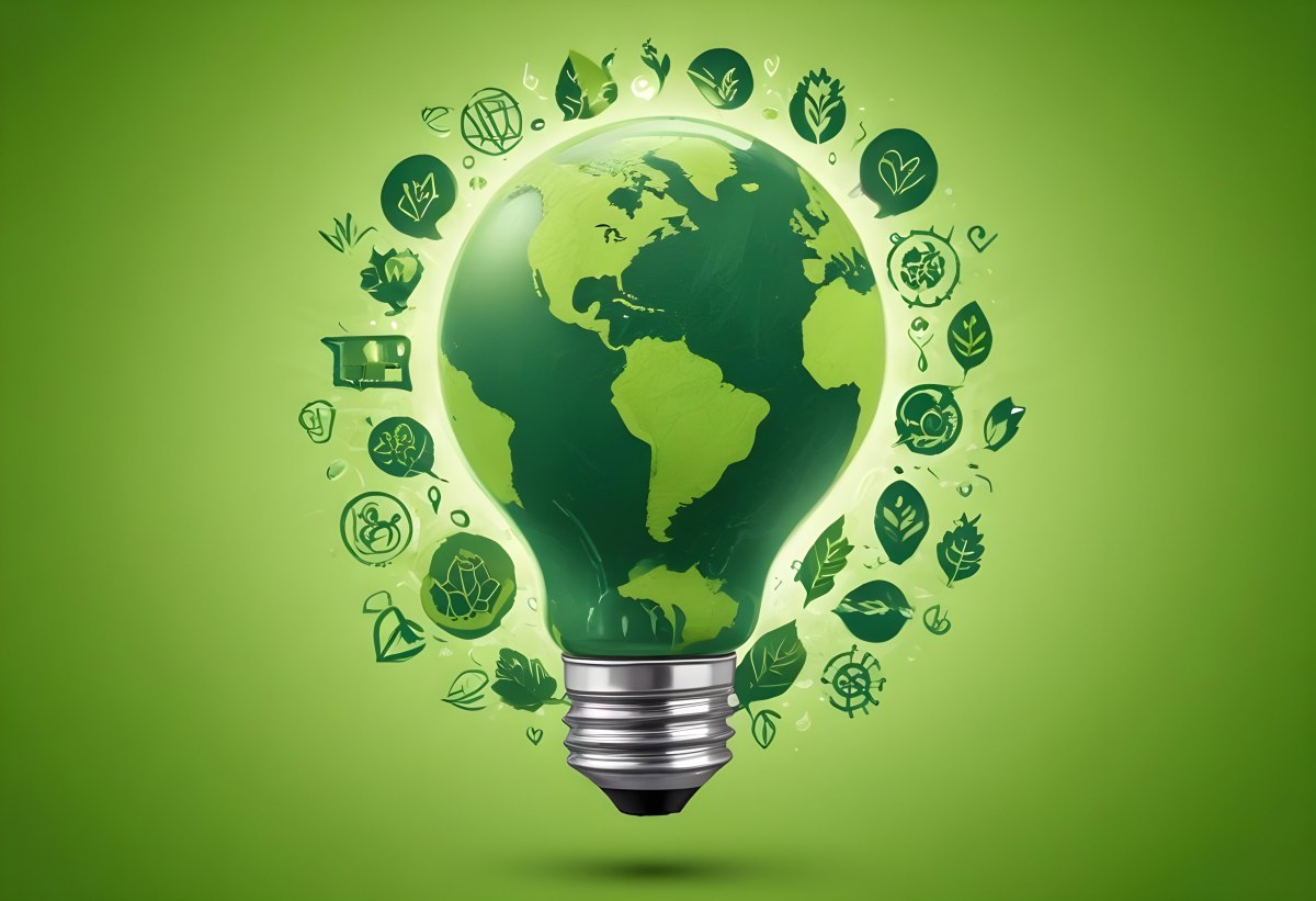 A Light Bulb With A Green Earth Texture Surrounded By Ecology Icons On A Green Background With A World Map 5 952c