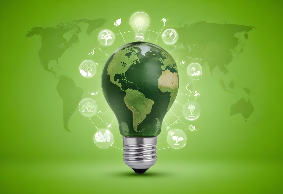 A Light Bulb With A Green Earth Texture Surrounded By Ecology Icons On A Green Background With A World Map 53 6877