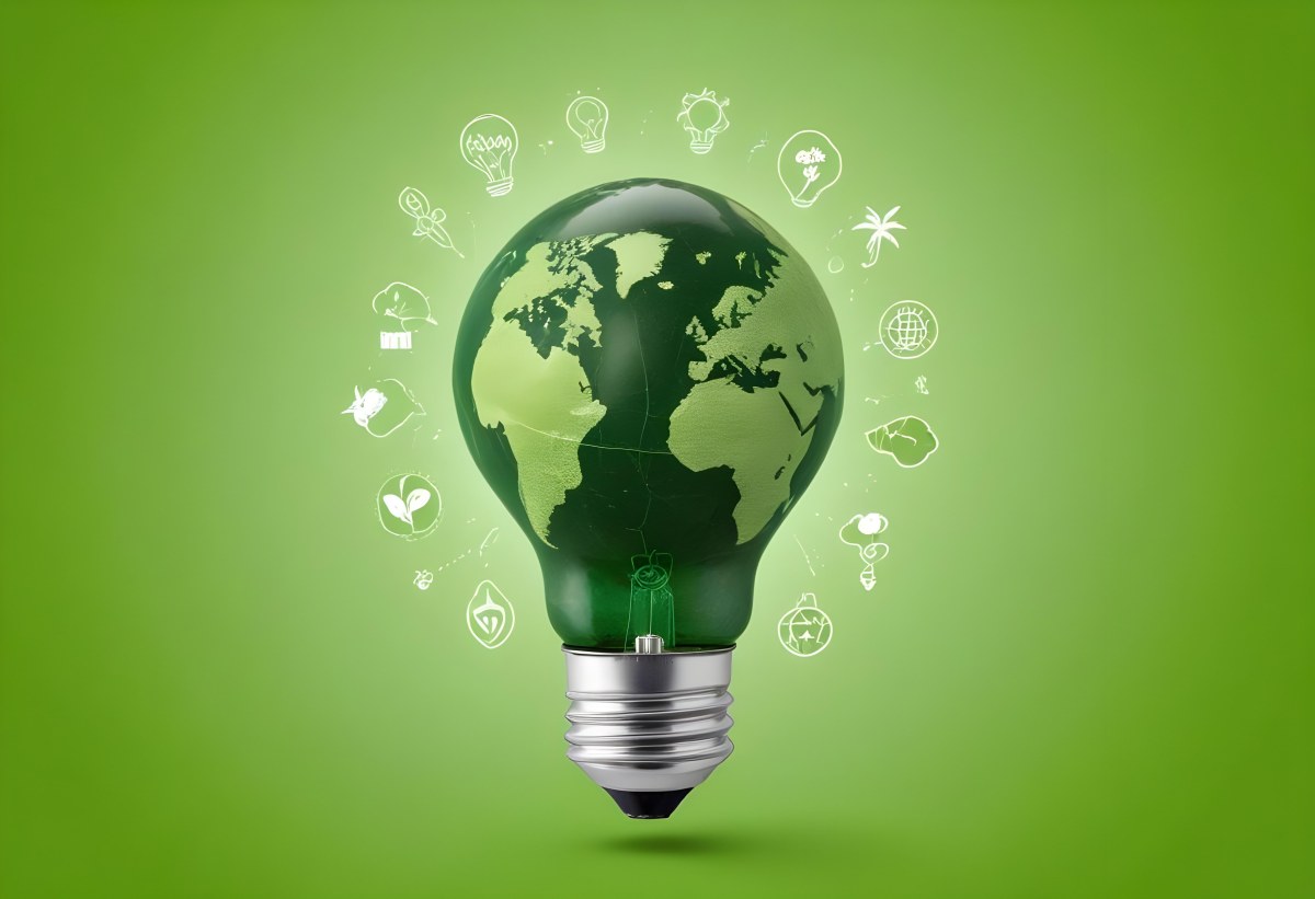 A Light Bulb With A Green Earth Texture Surrounded By Ecology Icons On A Green Background With A World Map 55 2c14