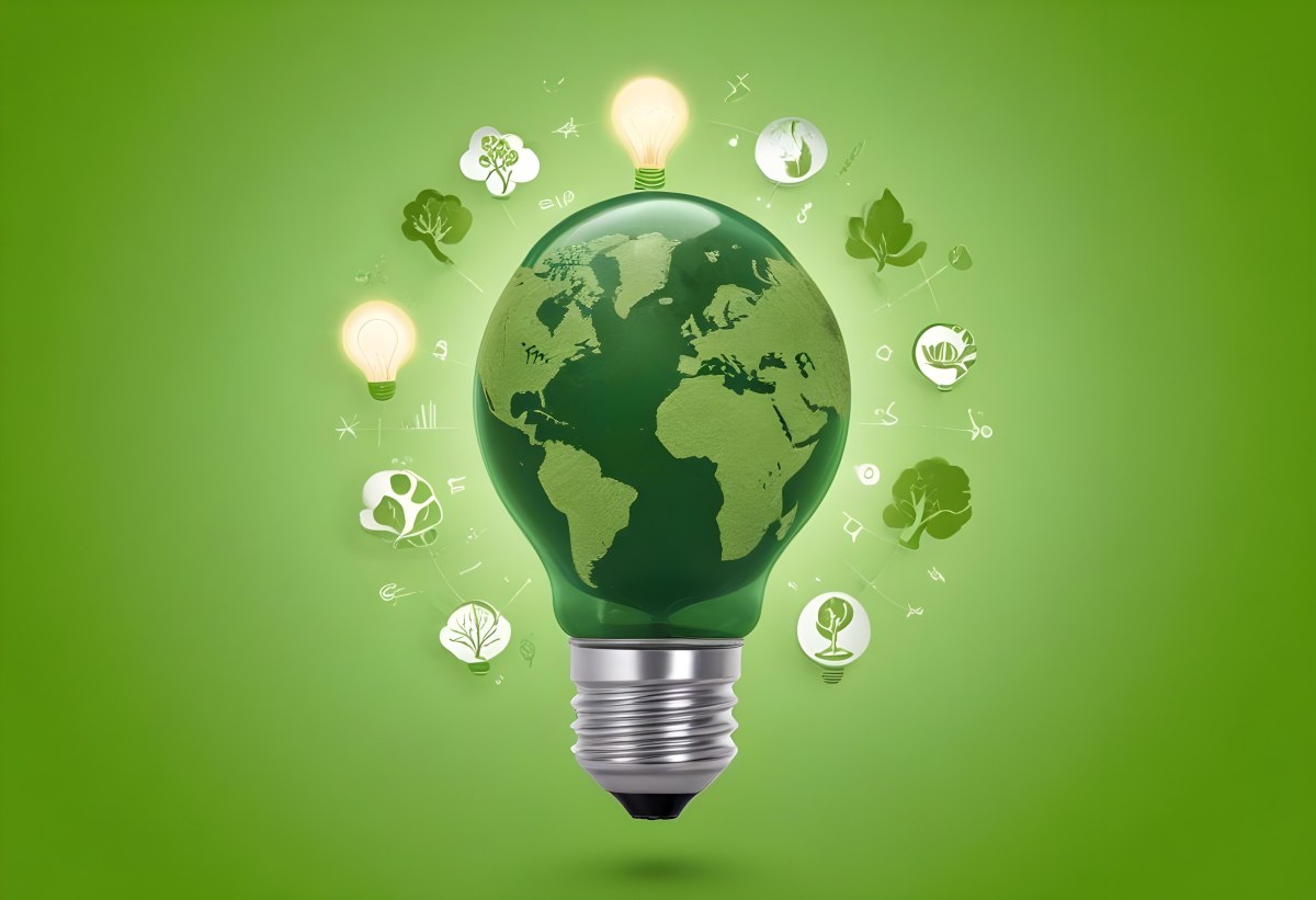 A Light Bulb With A Green Earth Texture Surrounded By Ecology Icons On A Green Background With A World Map 59 847c