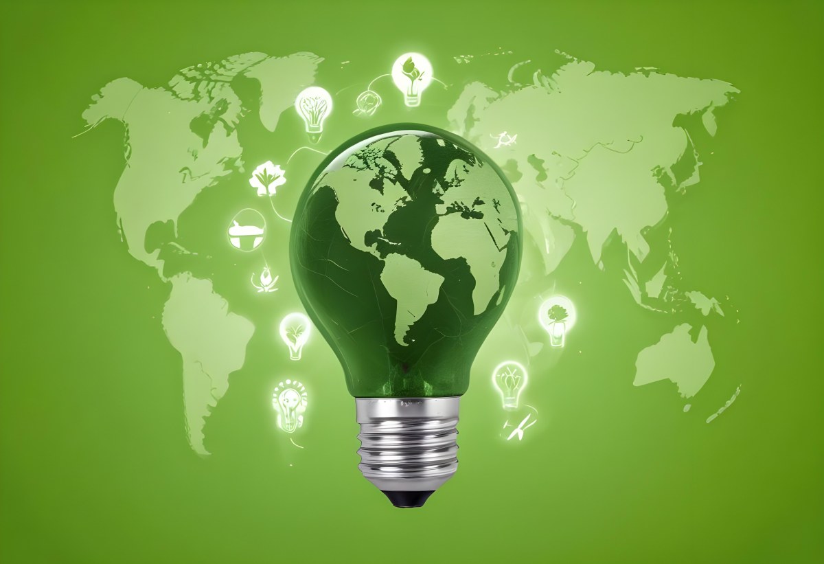 A Light Bulb With A Green Earth Texture Surrounded By Ecology Icons On A Green Background With A World Map 62 E5a7