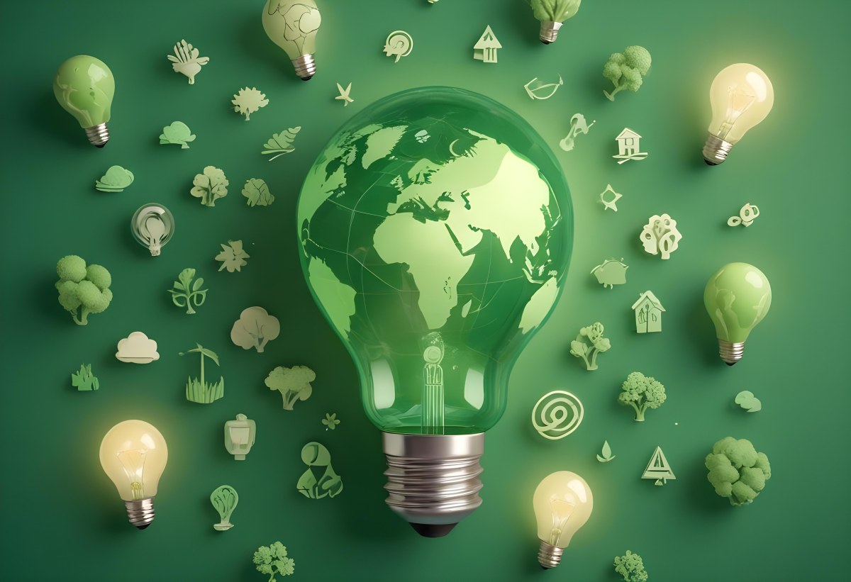 A Light Bulb With A Green Earth Texture Surrounded By Ecology Icons On A Green Background With A World Map 79 D5bd