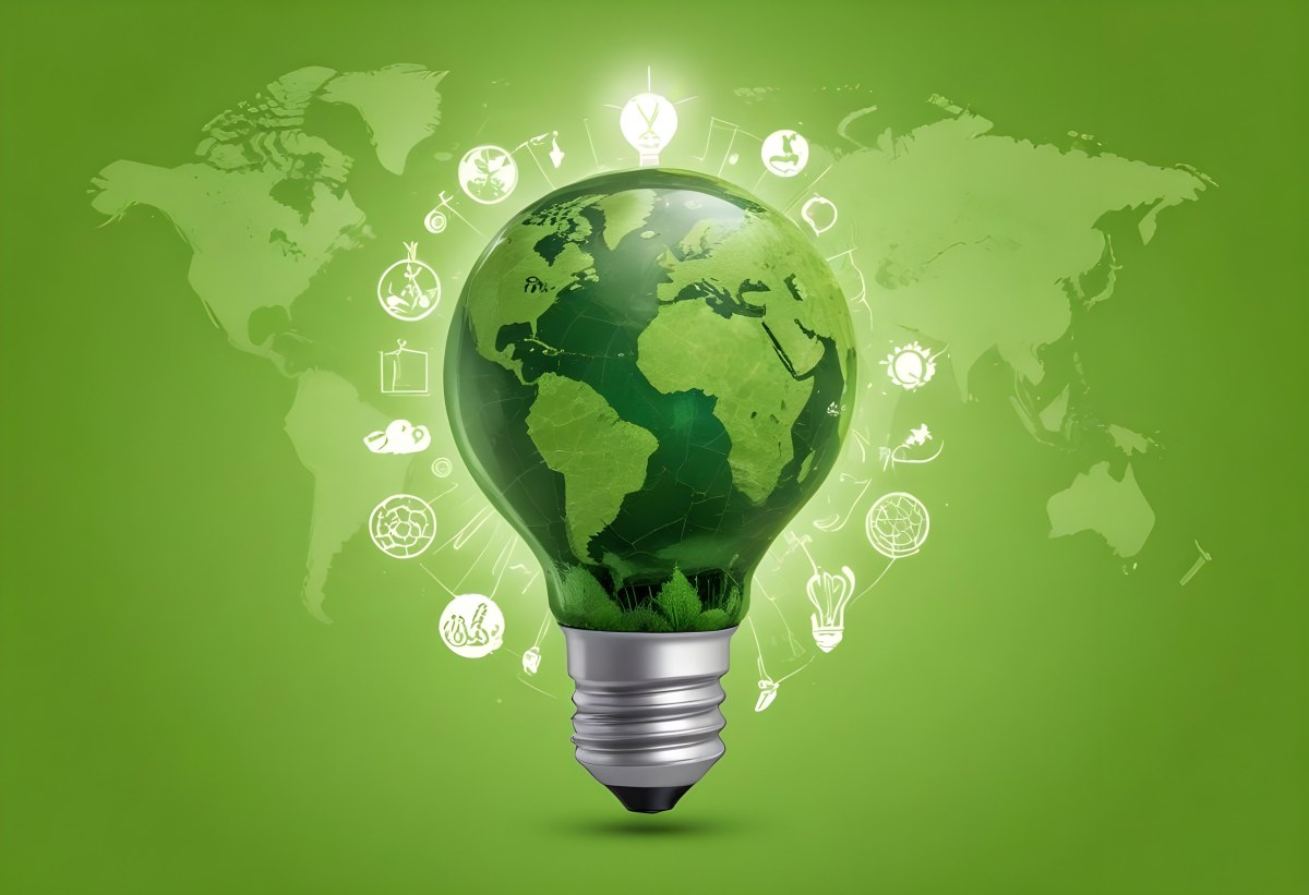 A Light Bulb With A Green Earth Texture Surrounded By Ecology Icons On A Green Background With A World Map 8 Efe7