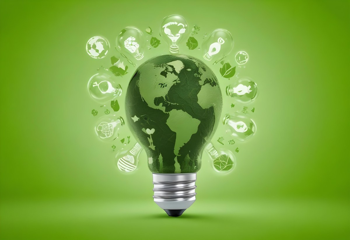 A Light Bulb With A Green Earth Texture Surrounded By Ecology Icons On A Green Background With A World Map 80 98c8