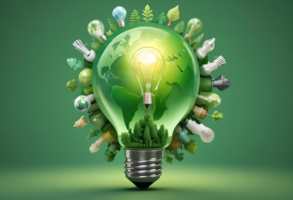 A Light Bulb With A Green Earth Texture Surrounded By Ecology Icons On A Green Background With A World Map 81 9859