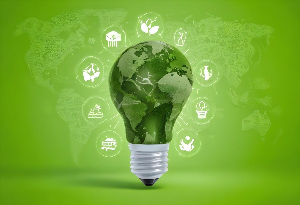 A Light Bulb With A Green Earth Texture Surrounded By Ecology Icons On A Green Background With A World Map 82 B77e
