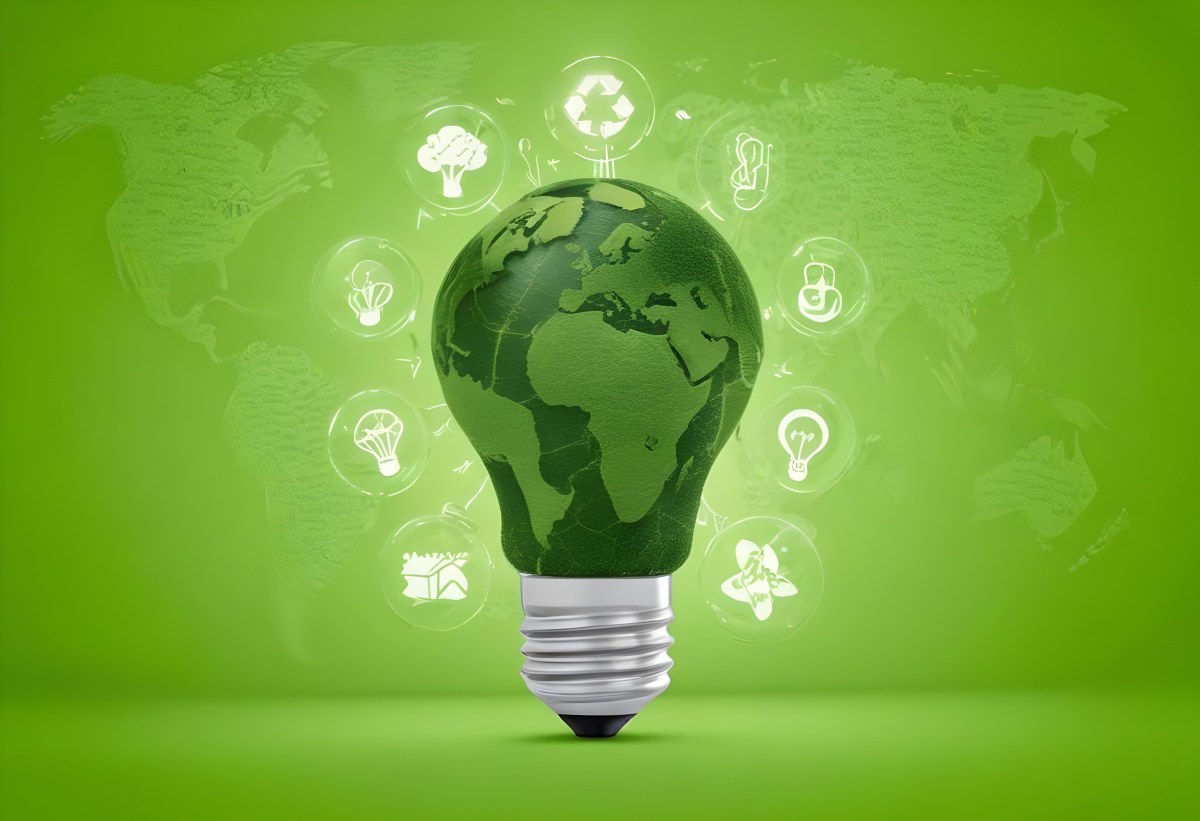 A Light Bulb With A Green Earth Texture Surrounded By Ecology Icons On A Green Background With A World Map 83 60c0