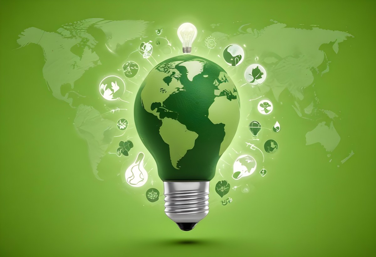 A Light Bulb With A Green Earth Texture Surrounded By Ecology Icons On A Green Background With A World Map 84 8837