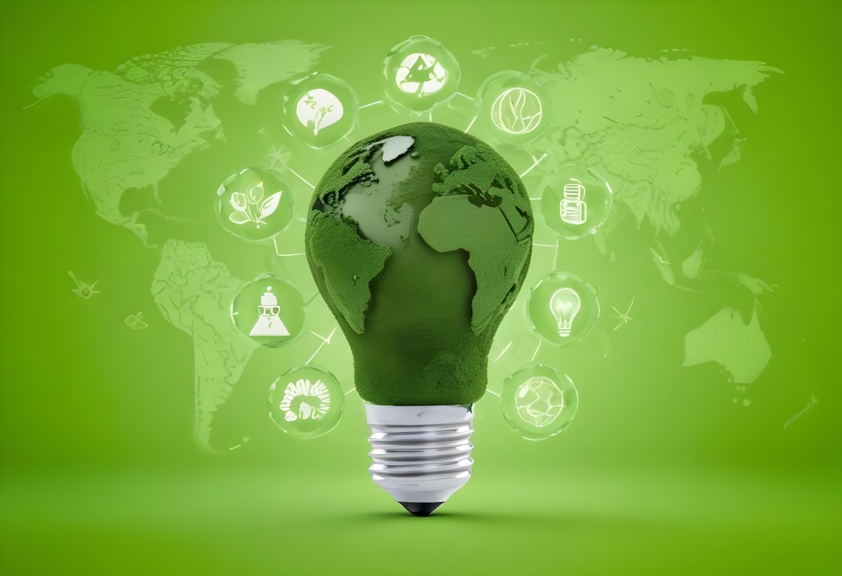 A Light Bulb With A Green Earth Texture Surrounded By Ecology Icons On A Green Background With A World Map 85 01ac