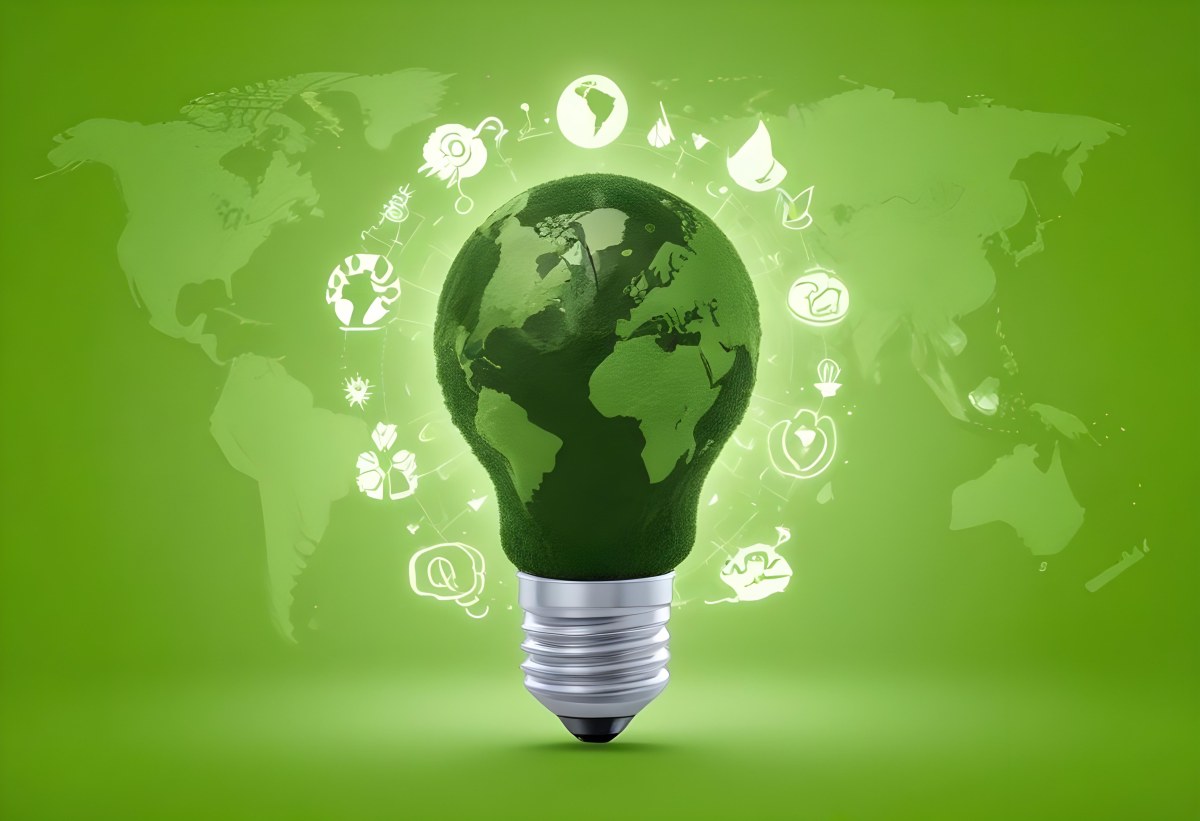 A Light Bulb With A Green Earth Texture Surrounded By Ecology Icons On A Green Background With A World Map 86 8a3c