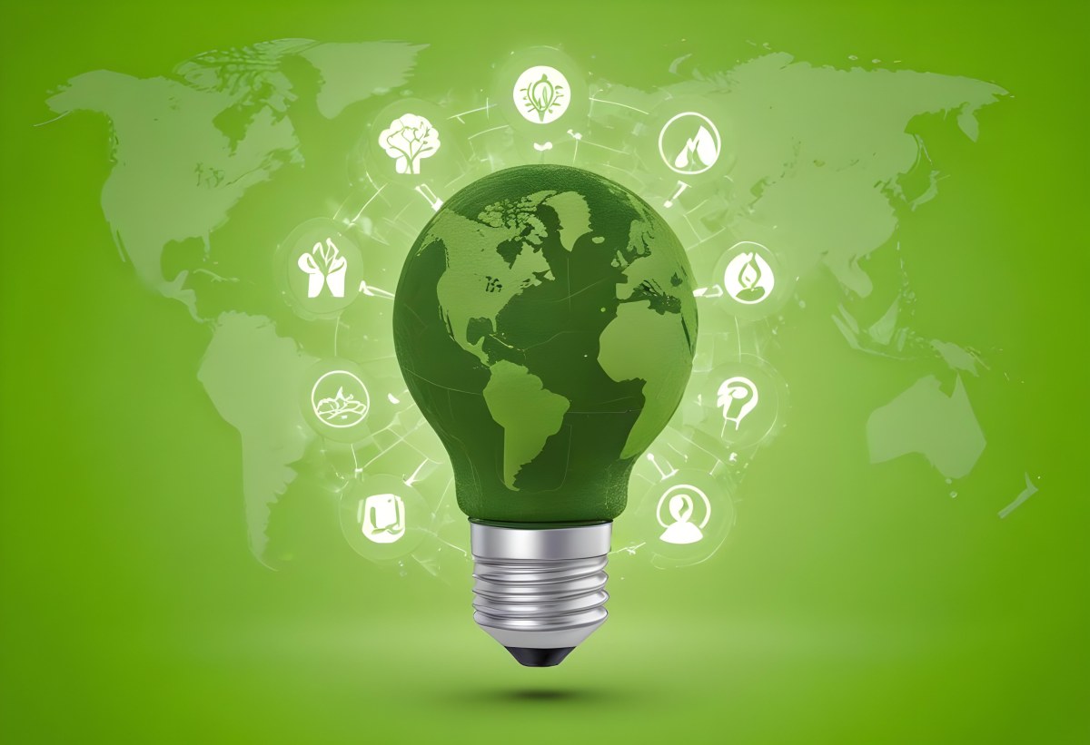 A Light Bulb With A Green Earth Texture Surrounded By Ecology Icons On A Green Background With A World Map 87 Aeb9