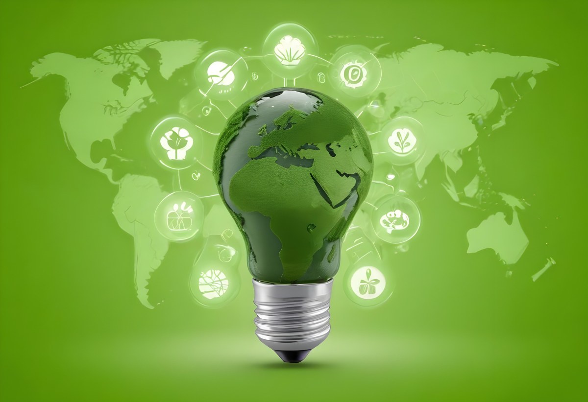 A Light Bulb With A Green Earth Texture Surrounded By Ecology Icons On A Green Background With A World Map 88 De8b
