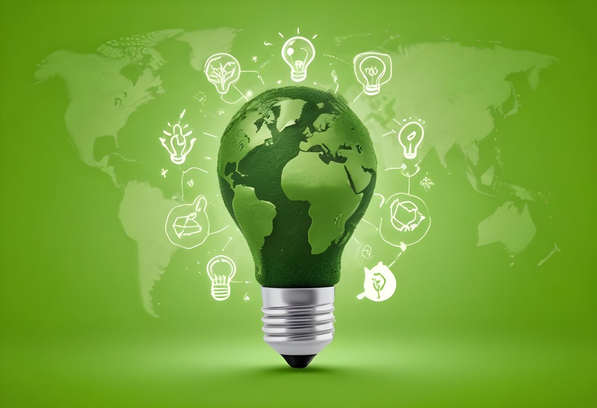 A Light Bulb With A Green Earth Texture Surrounded By Ecology Icons On A Green Background With A World Map 89 75b3