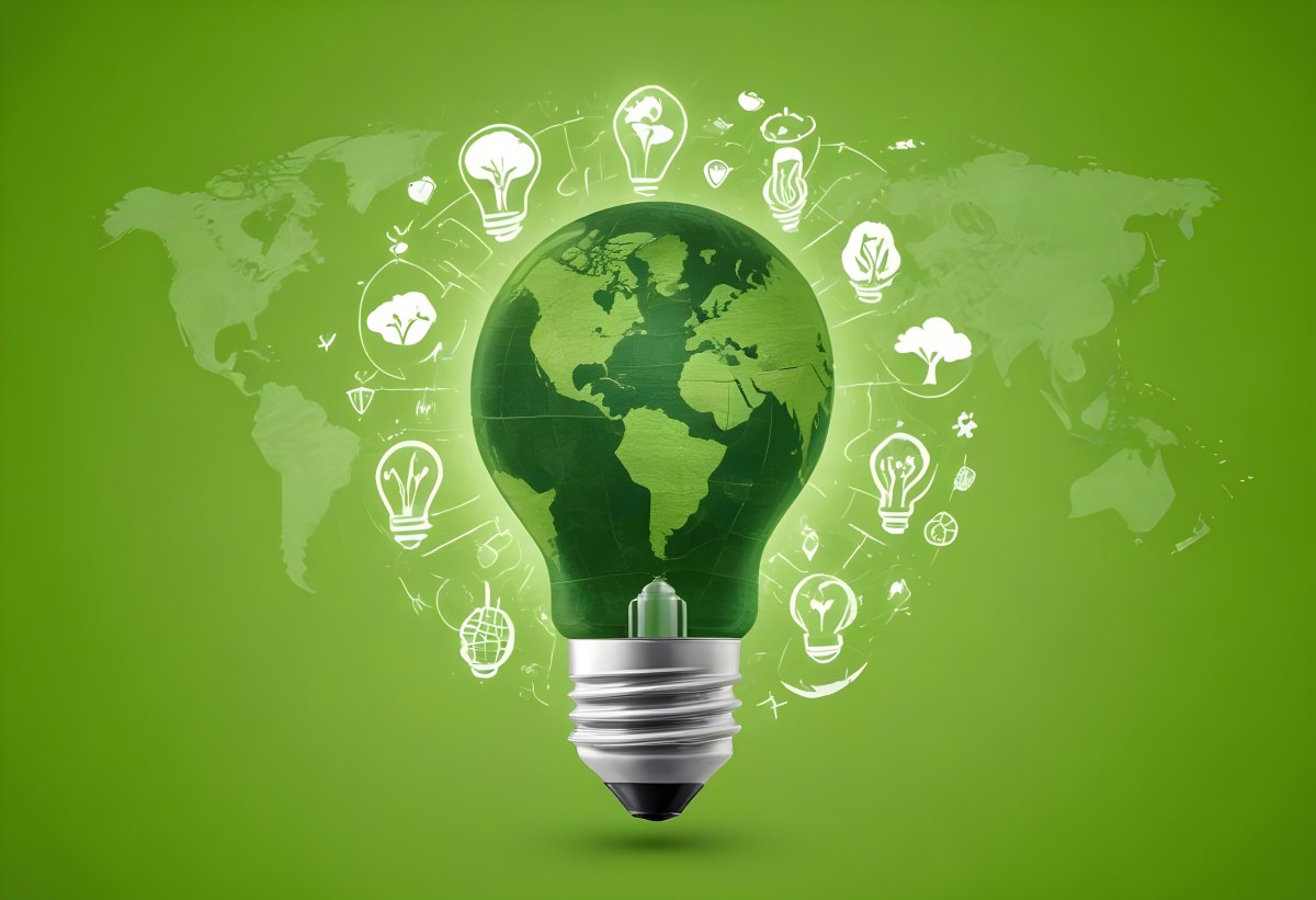 A Light Bulb With A Green Earth Texture Surrounded By Ecology Icons On A Green Background With A World Map 9 Aa28