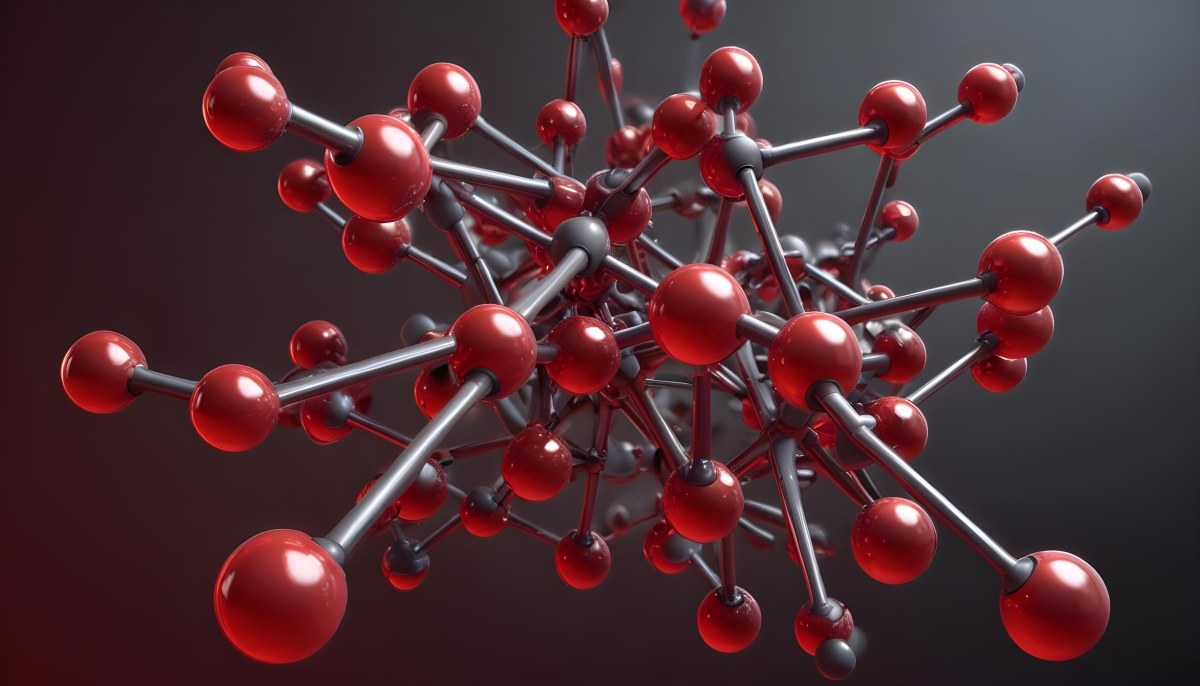 A Molecular Structure With Red And Gray Spheres Connected By Rods Floating In A Red And Dark Background 5 071e