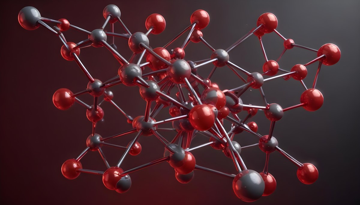 A Molecular Structure With Red And Gray Spheres Connected By Rods Floating In A Red And Dark Background 6 27fa
