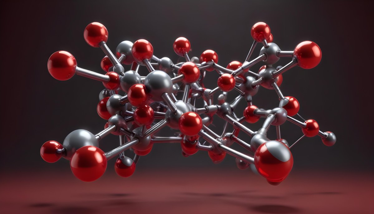 A Molecular Structure With Red And Gray Spheres Connected By Rods Floating In A Red And Dark Background 7 9b69