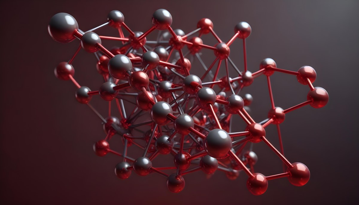 A Molecular Structure With Red And Gray Spheres Connected By Rods Floating In A Red And Dark Background 8 6b24