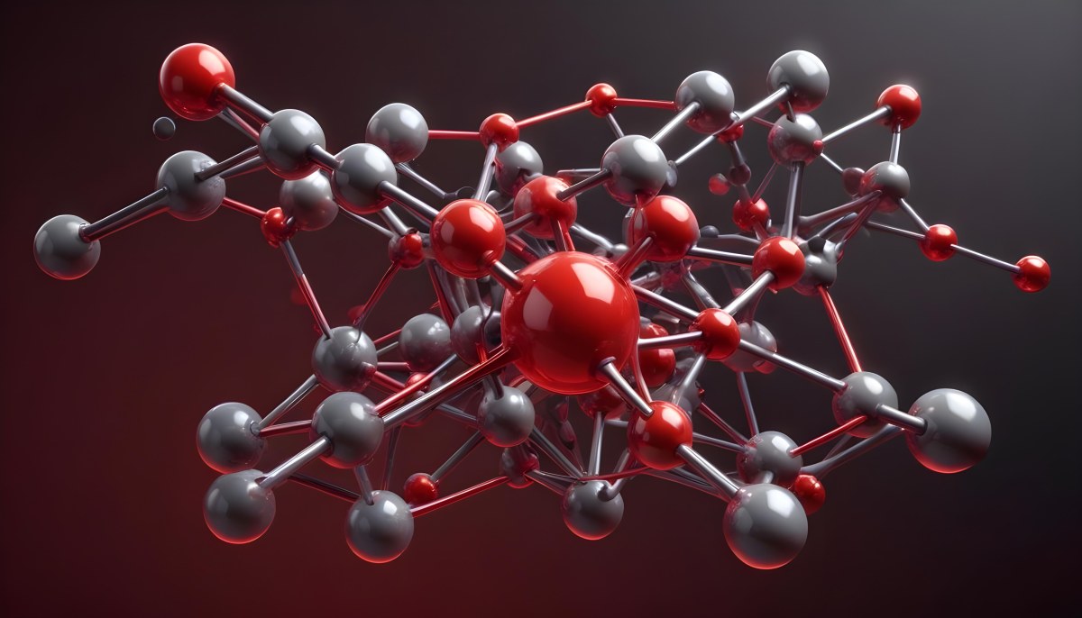 A Molecular Structure With Red And Gray Spheres Connected By Rods Floating In A Red And Dark Background 9 96d0