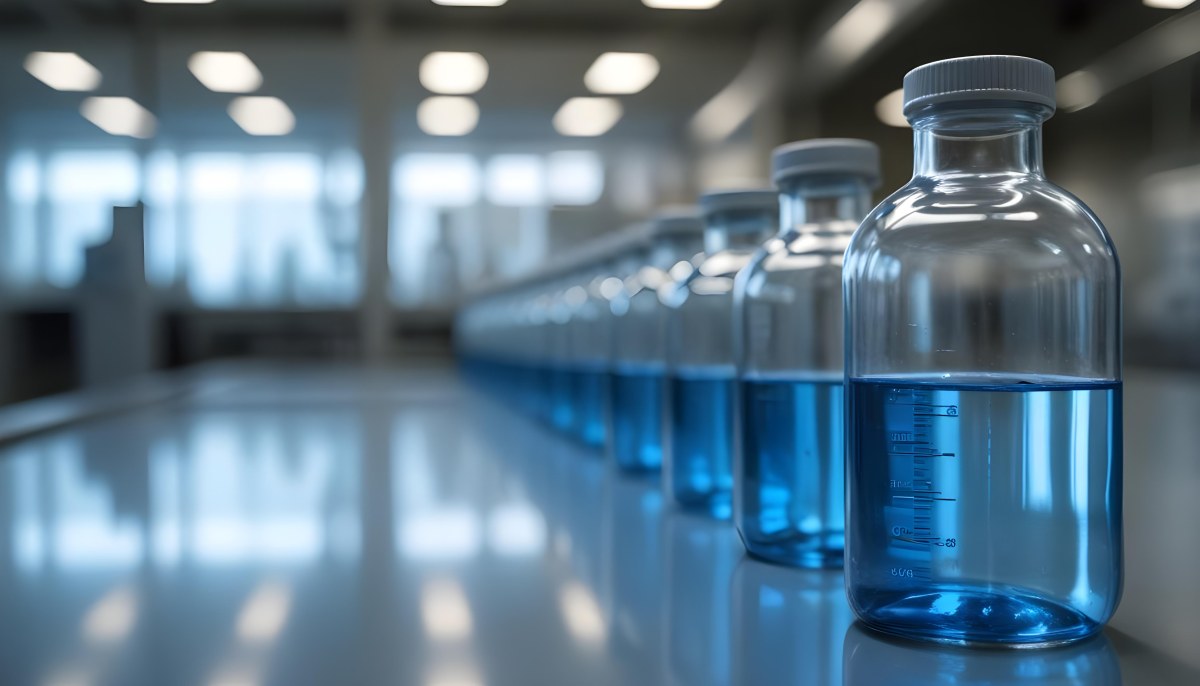 A Row Of Glass Bottles Filled With Blue Liquid On A Metal Surface In A Laboratory With Bright Lights And Blurred Background 1 0dae