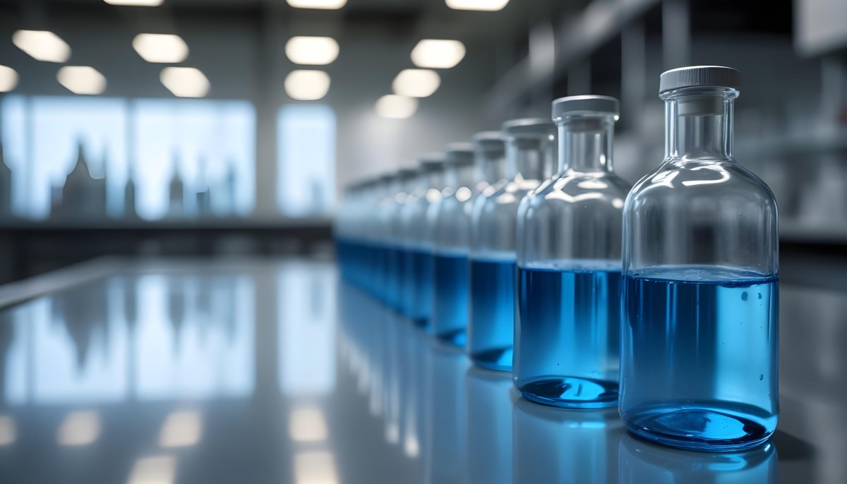 A Row Of Glass Bottles Filled With Blue Liquid On A Metal Surface In A Laboratory With Bright Lights And Blurred Background 10 24f5