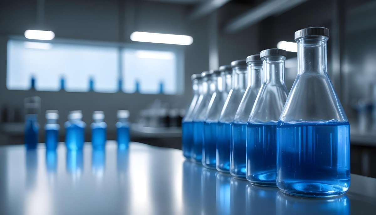 A Row Of Glass Bottles Filled With Blue Liquid On A Metal Surface In A Laboratory With Bright Lights And Blurred Background 17 5e98