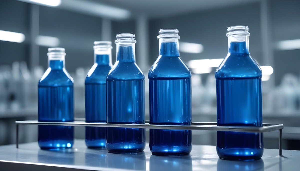 A Row Of Glass Bottles Filled With Blue Liquid On A Metal Surface In A Laboratory With Bright Lights And Blurred Background 18 3b72