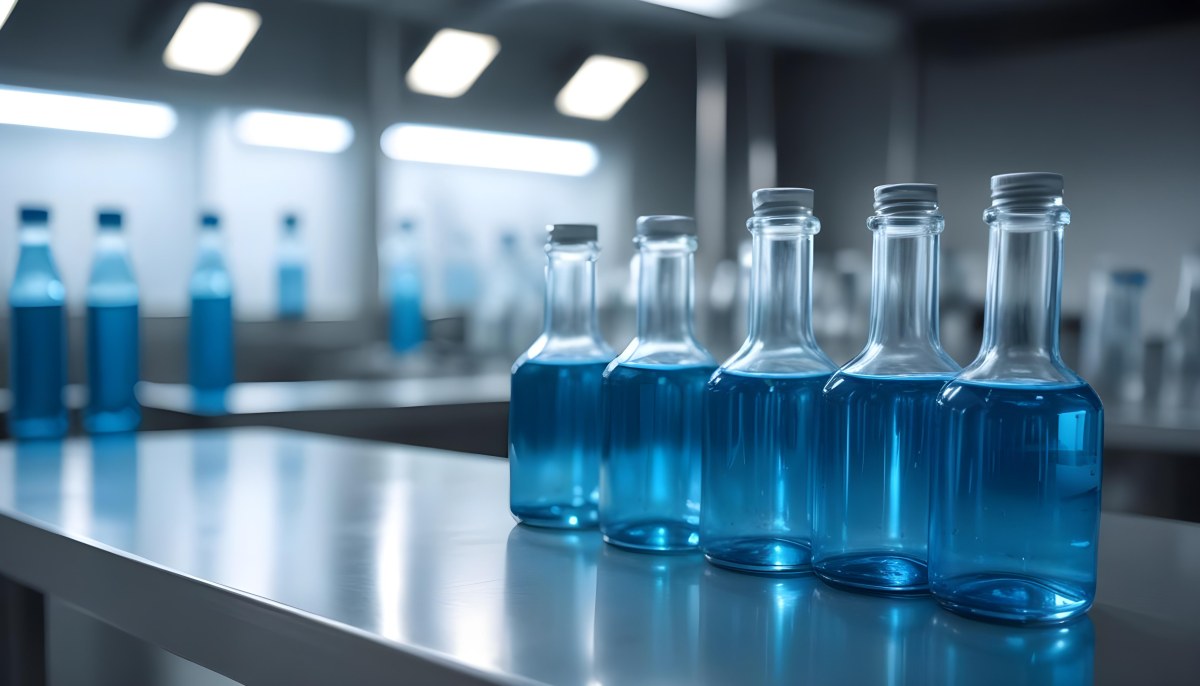 A Row Of Glass Bottles Filled With Blue Liquid On A Metal Surface In A Laboratory With Bright Lights And Blurred Background 20 3361