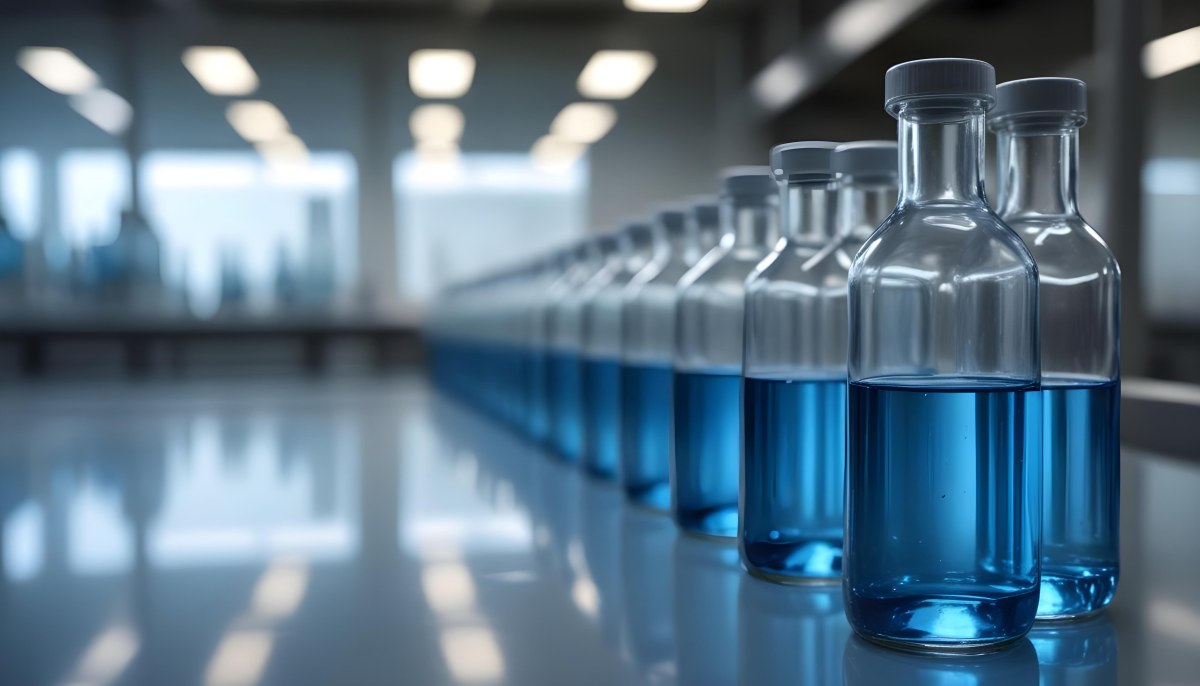 A Row Of Glass Bottles Filled With Blue Liquid On A Metal Surface In A Laboratory With Bright Lights And Blurred Background 21 E144