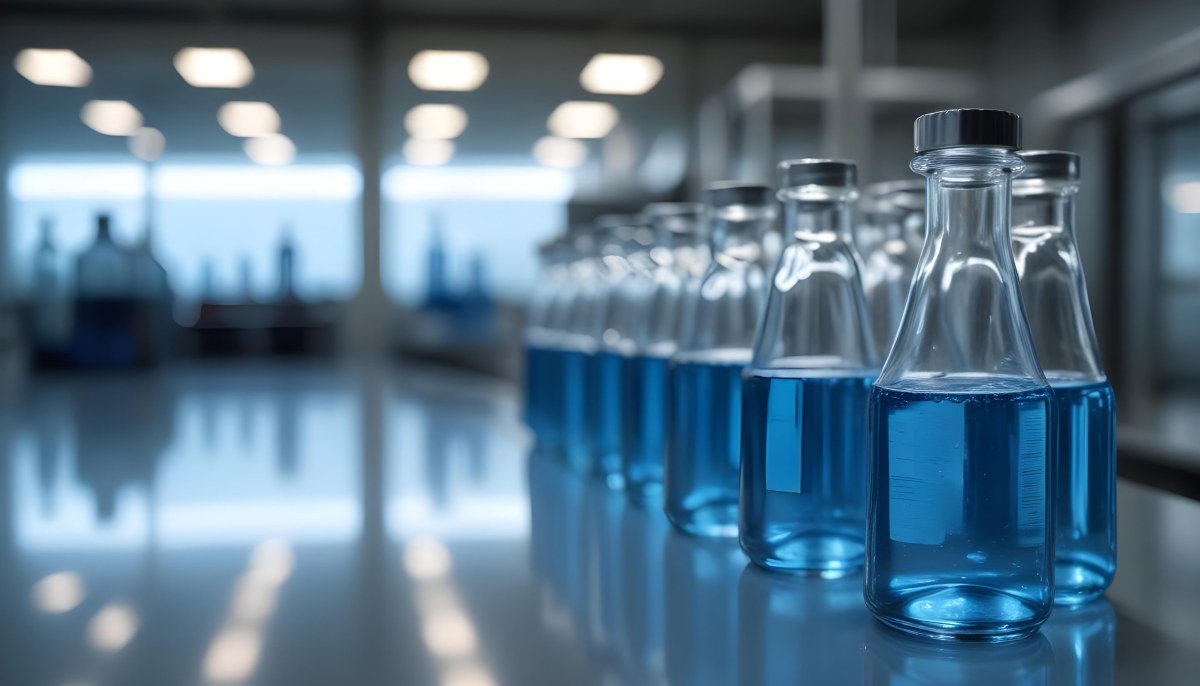A Row Of Glass Bottles Filled With Blue Liquid On A Metal Surface In A Laboratory With Bright Lights And Blurred Background 25 Ff43