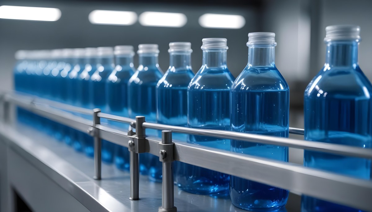 A Row Of Glass Bottles Filled With Blue Liquid On A Metal Surface In A Laboratory With Bright Lights And Blurred Background 3 35ad