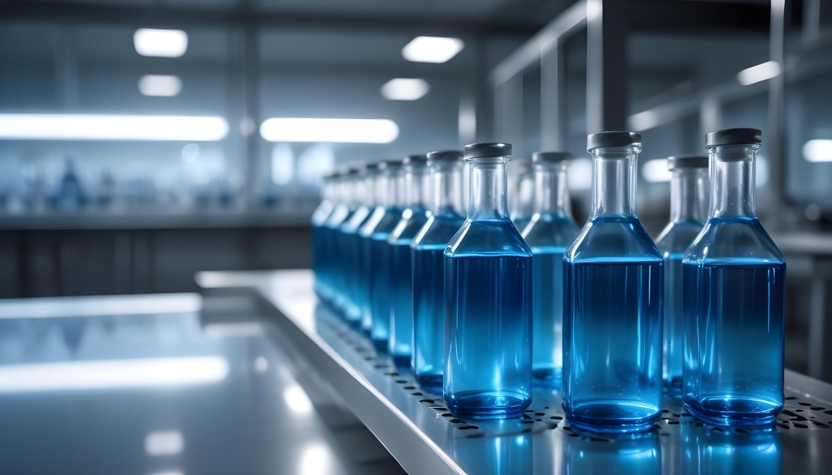 A Row Of Glass Bottles Filled With Blue Liquid On A Metal Surface In A Laboratory With Bright Lights And Blurred Background 30 44e5