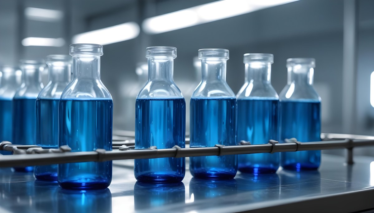 A Row Of Glass Bottles Filled With Blue Liquid On A Metal Surface In A Laboratory With Bright Lights And Blurred Background 31 61cf