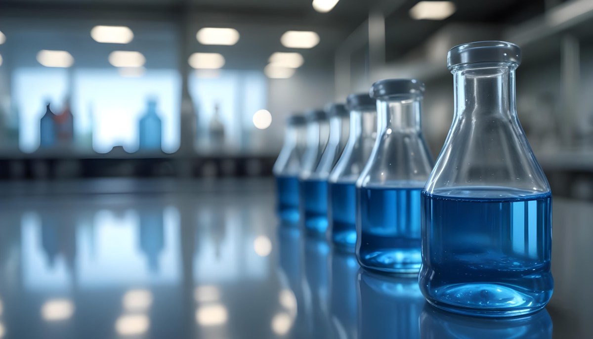 A Row Of Glass Bottles Filled With Blue Liquid On A Metal Surface In A Laboratory With Bright Lights And Blurred Background 32 25ca