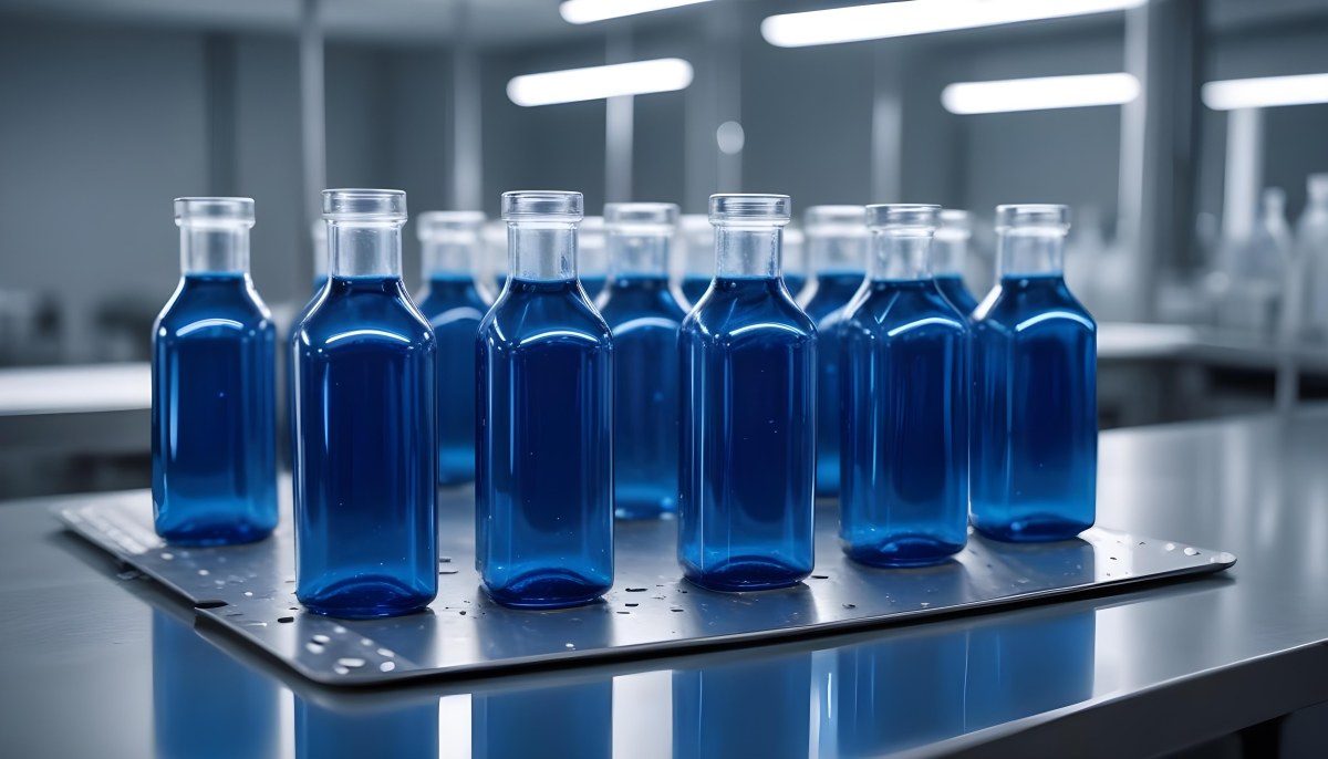A Row Of Glass Bottles Filled With Blue Liquid On A Metal Surface In A Laboratory With Bright Lights And Blurred Background 33 B7ce