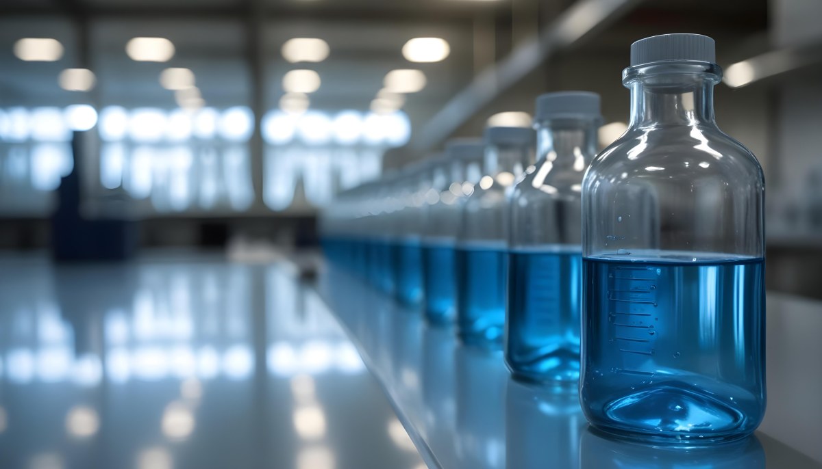 A Row Of Glass Bottles Filled With Blue Liquid On A Metal Surface In A Laboratory With Bright Lights And Blurred Background 35 A668