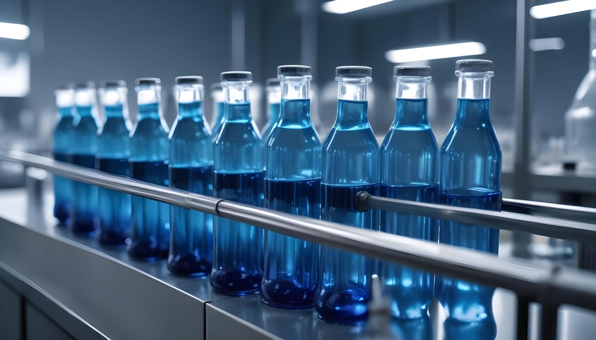 A Row Of Glass Bottles Filled With Blue Liquid On A Metal Surface In A Laboratory With Bright Lights And Blurred Background 36 3ac1