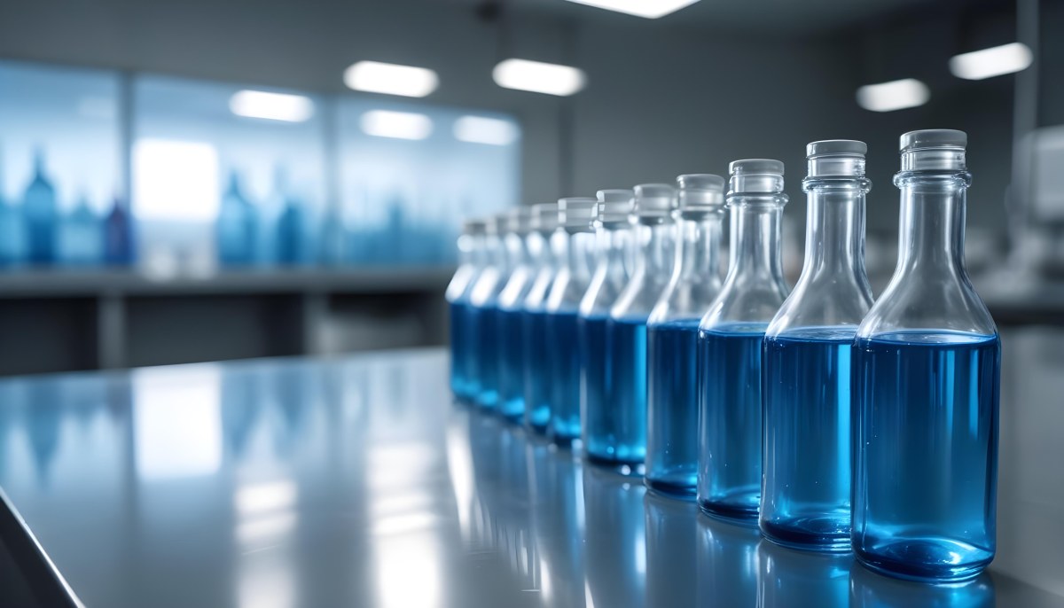 A Row Of Glass Bottles Filled With Blue Liquid On A Metal Surface In A Laboratory With Bright Lights And Blurred Background 4 30ac