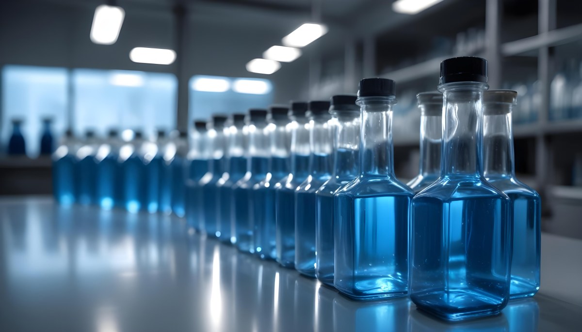 A Row Of Glass Bottles Filled With Blue Liquid On A Metal Surface In A Laboratory With Bright Lights And Blurred Background 5 6d0a