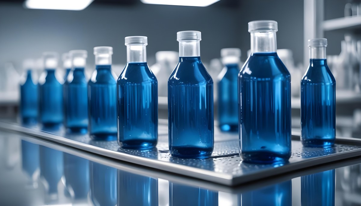 A Row Of Glass Bottles Filled With Blue Liquid On A Metal Surface In A Laboratory With Bright Lights And Blurred Background 7 138d