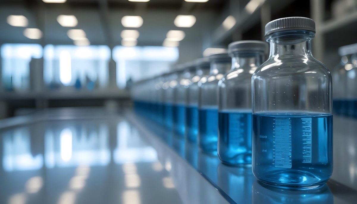 A Row Of Glass Bottles Filled With Blue Liquid On A Metal Surface In A Laboratory With Bright Lights And Blurred Background 8 0851