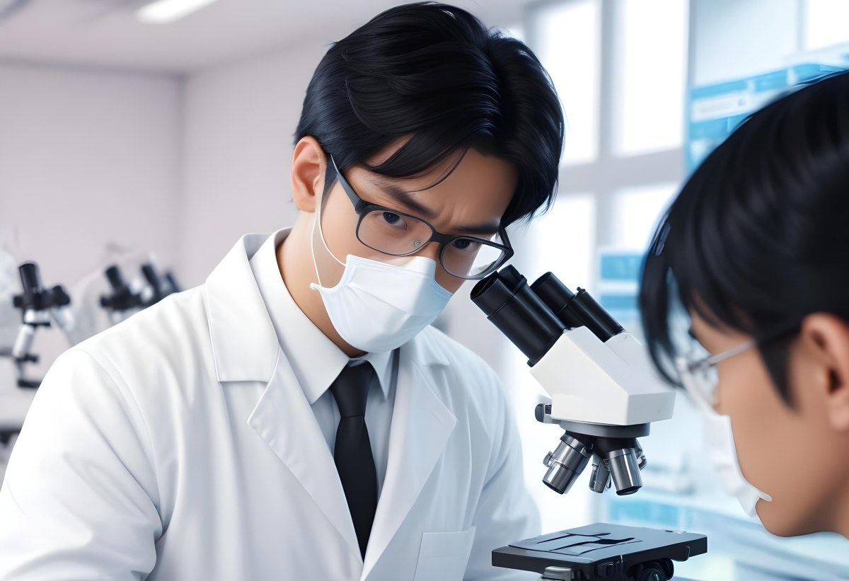 An Asian Man 35 Years Old With Black Hair Wearing A Lab Coat Safety Glasses And A Mask Looking Through A Microscope In A Laboratory 4 90a8