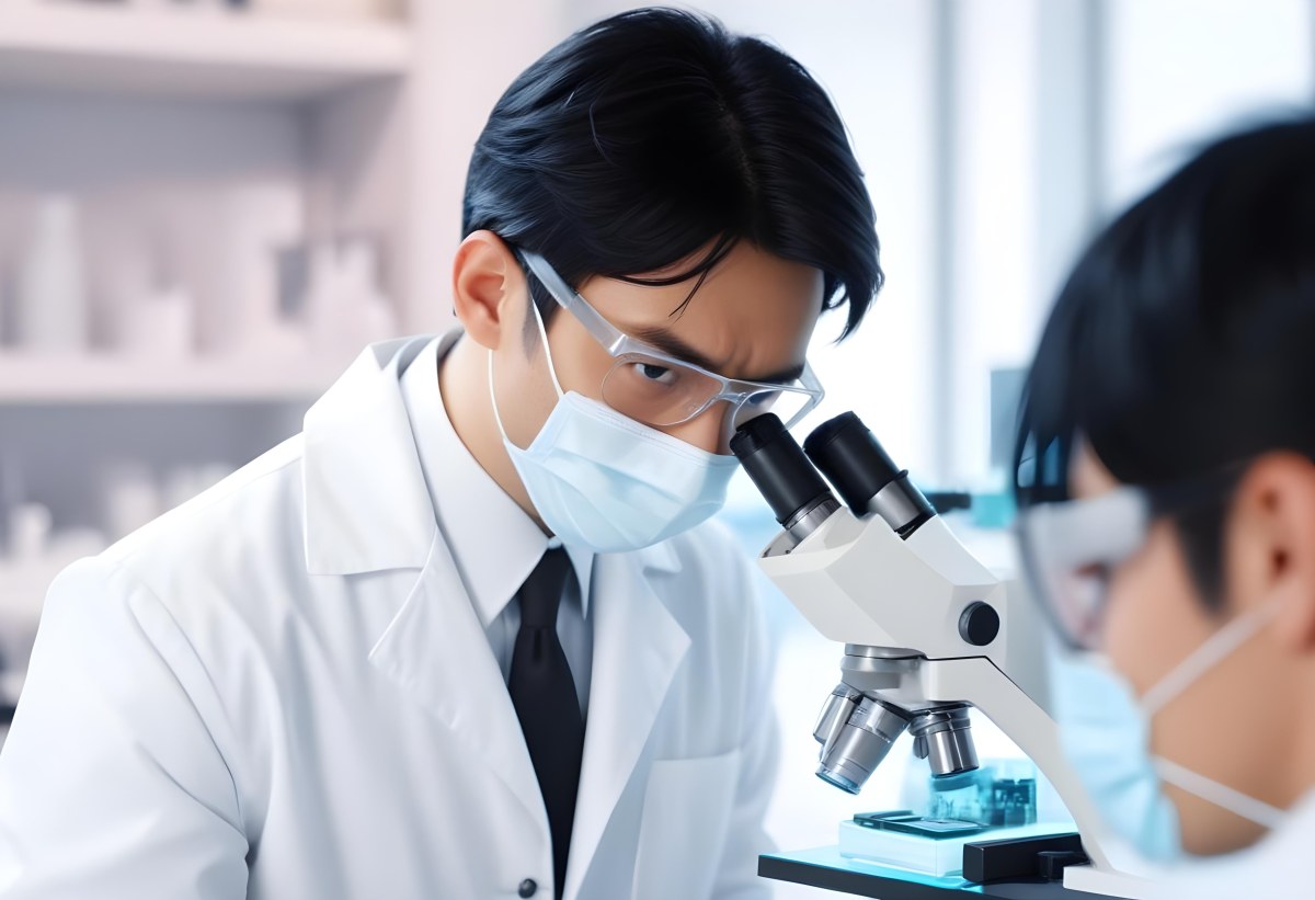 An Asian Man 35 Years Old With Black Hair Wearing A Lab Coat Safety Glasses And A Mask Looking Through A Microscope In A Laboratory 5 6e7d