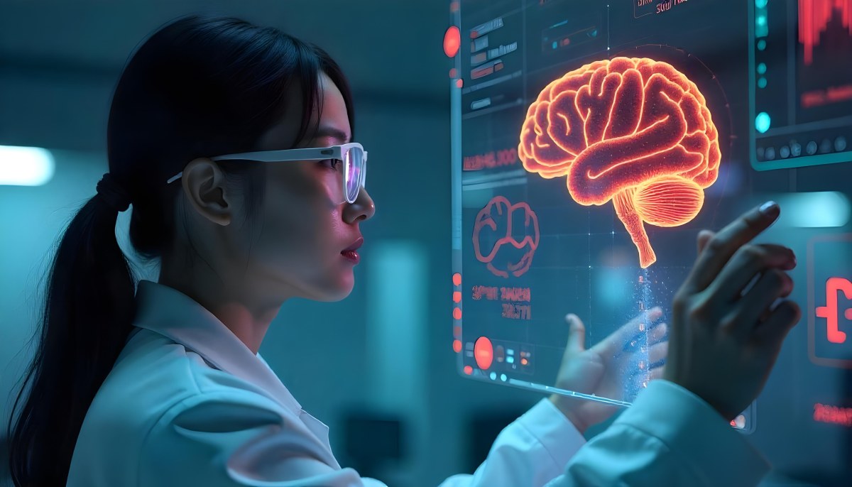 An Asian Woman 28 Years Old Black Hair Wearing Futuristic Glasses Looking At A Hologram With A Human Body Dna And Brain In A Laboratory 12 Bd0e