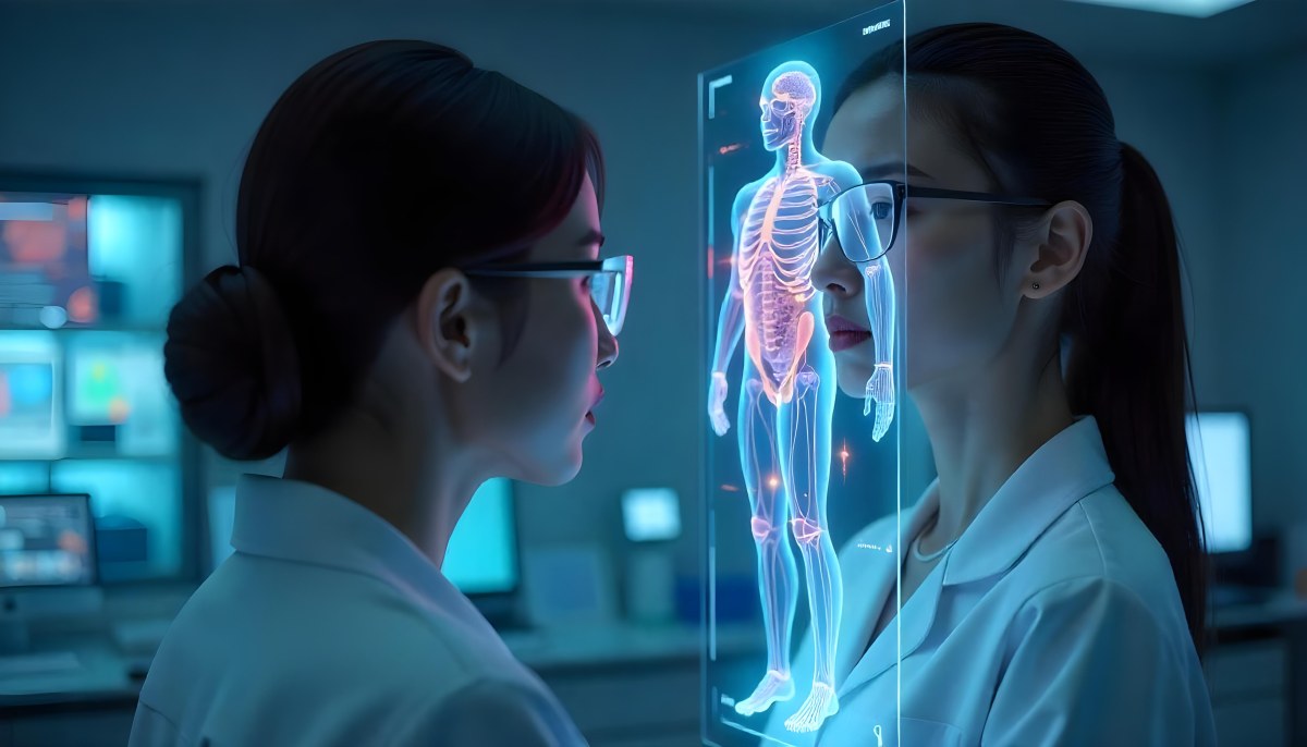 An Asian Woman 28 Years Old Black Hair Wearing Futuristic Glasses Looking At A Hologram With A Human Body Dna And Brain In A Laboratory 13 819b