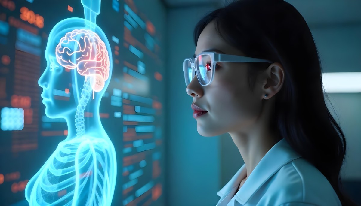 An Asian Woman 28 Years Old Black Hair Wearing Futuristic Glasses Looking At A Hologram With A Human Body Dna And Brain In A Laboratory 2 9fe6
