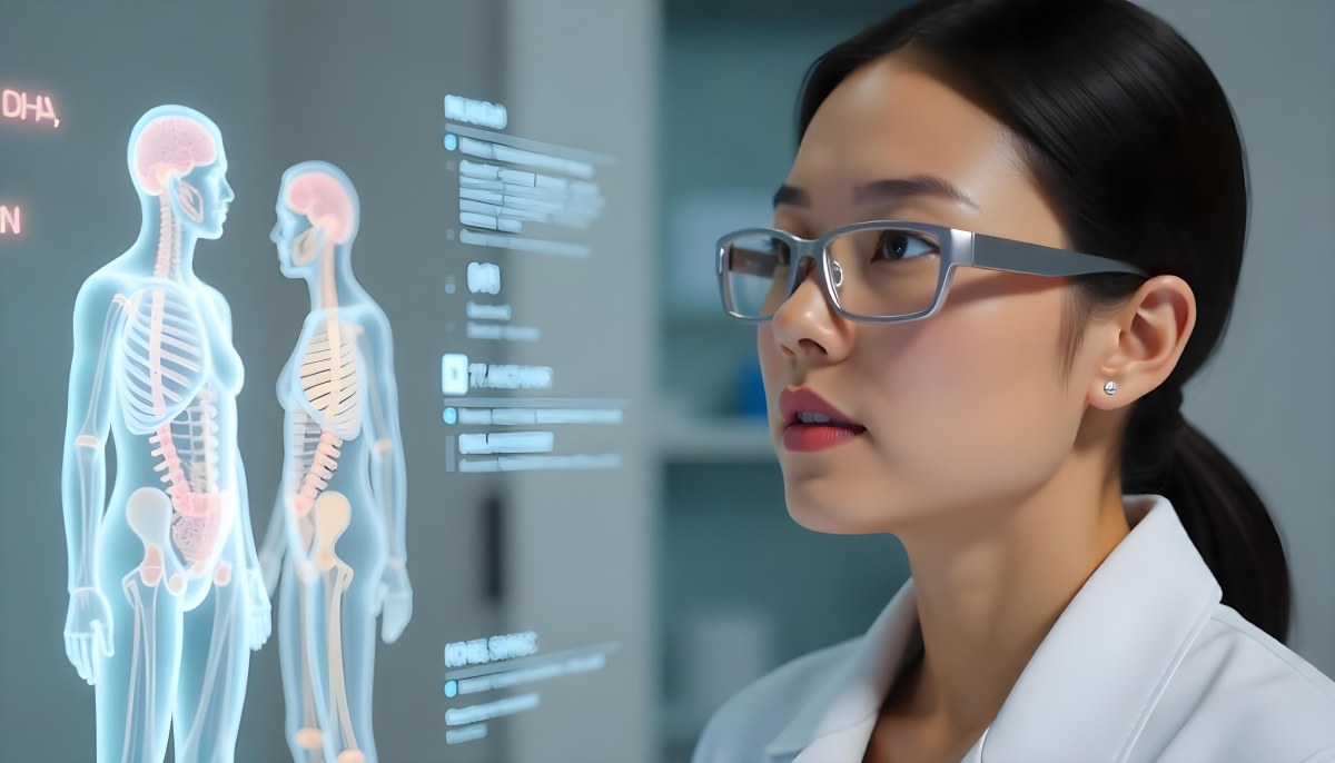 An Asian Woman 28 Years Old Black Hair Wearing Futuristic Glasses Looking At A Hologram With A Human Body Dna And Brain In A Laboratory 3 B510
