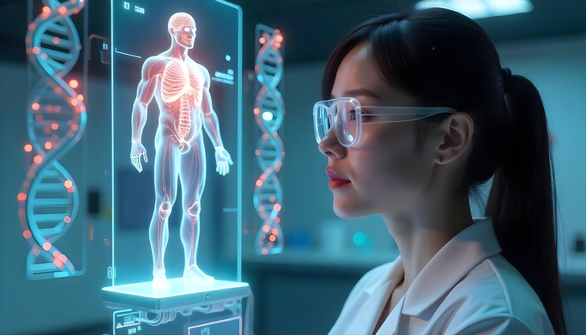 An Asian Woman 28 Years Old Black Hair Wearing Futuristic Glasses Looking At A Hologram With A Human Body Dna And Brain In A Laboratory 4 8f48