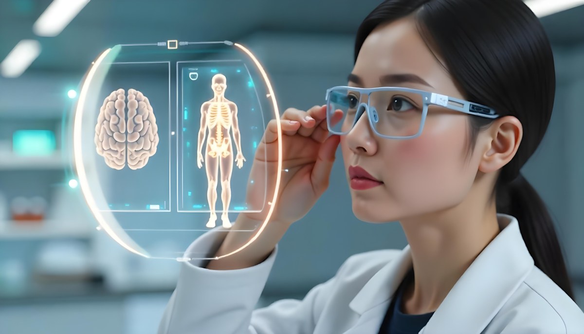 An Asian Woman 28 Years Old Black Hair Wearing Futuristic Glasses Looking At A Hologram With A Human Body Dna And Brain In A Laboratory 5 5bb2