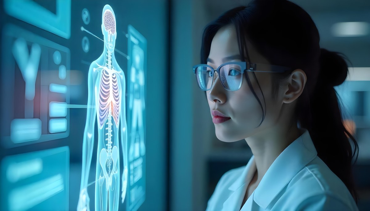 An Asian Woman 28 Years Old Black Hair Wearing Futuristic Glasses Looking At A Hologram With A Human Body Dna And Brain In A Laboratory 7 6537